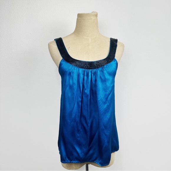 Yumi Kim Vintage Silk Sleeveless Beaded stop Open Back Blue Black - Picture 2 of 6